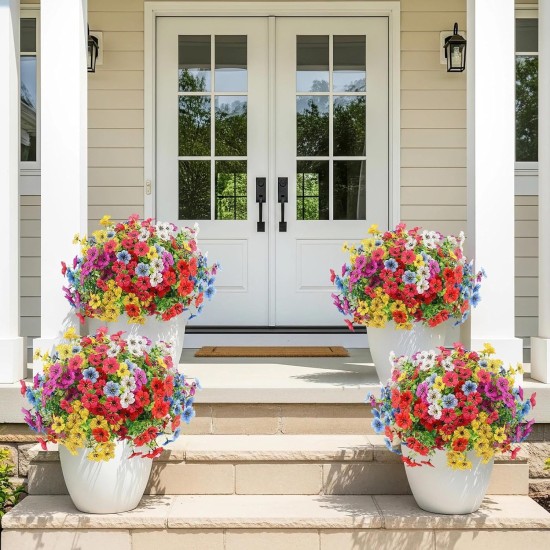 Artificial Flowers Outdoors Spring Faux Flowers UV Resistant Fake Plastic Greenery Plnats Outside Bulk for Garden Hanging Planter Patio Home Decor, 24 Bundles (Multicolor)