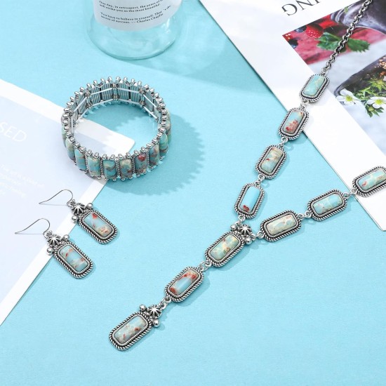 NEWITIN 4-teiliges silbernes Bohemian-Schmuckset für Damen, Modeschmuck, türkisfarbene Halskette, Armband, Ohrringe, Western-Türkis-Schmuckset für Damen