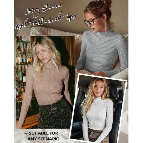 Riyiper 3er-Pack gerippte Damen-Shirts, Stehkragen-Langarmoberteile, schmal geschnittene Unterhemden, lässige Basic-Layering-T-Shirts