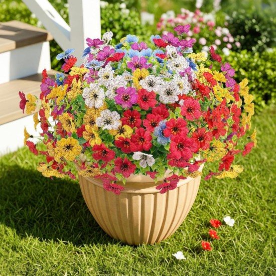 Artificial Flowers Outdoors Spring Faux Flowers UV Resistant Fake Plastic Greenery Plnats Outside Bulk for Garden Hanging Planter Patio Home Decor, 24 Bundles (Multicolor)