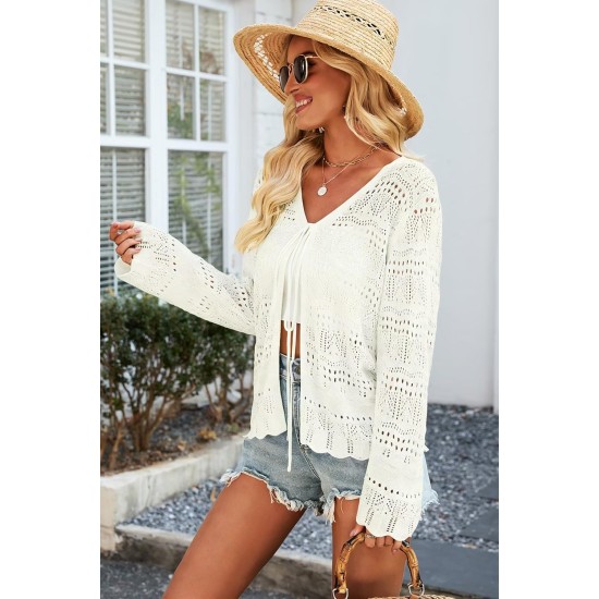 Allimy Damen 2026 schicke Häkel-Cardigan-Pullover, vorne gebunden, Tops, Achselzucken für Kleider