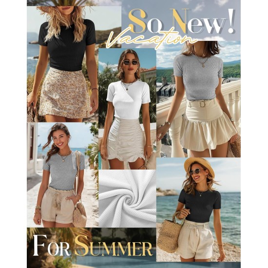 Ficerd 3er-Pack gerippte Damen-T-Shirts, Baumwolle, kurzärmelig, Basic-T-Shirts, Rundhalsausschnitt, taillierte Tops, Freizeithemden, 2026, Sommer, trendy Ficerd 3er-Pack gerippte Damen-T-Shirts, Baumwolle, kurzärmelig, Basic-T-Shirts, Rundhalsausschnitt, taillierte Tops, Freizeithemden, 2026, Sommer, trendy