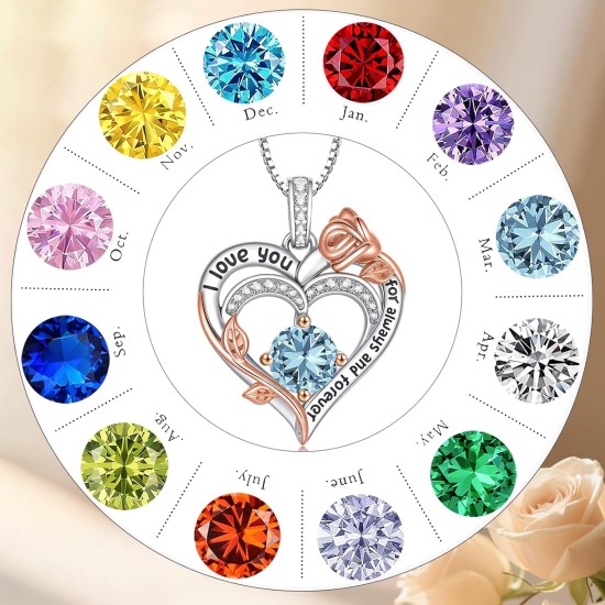 Rosen-Geburtsstein-Herz-Halsketten für Frauen, S925-Sterlingsilber, „I Love You“, Schmuck, Geschenk für Frauen, Geburtstag, Hochzeitstag, Muttertagsgeschenke für Mutter, Mutter, Ehefrau, Freundin mit Geburtsstein-Anhänger-Halskette