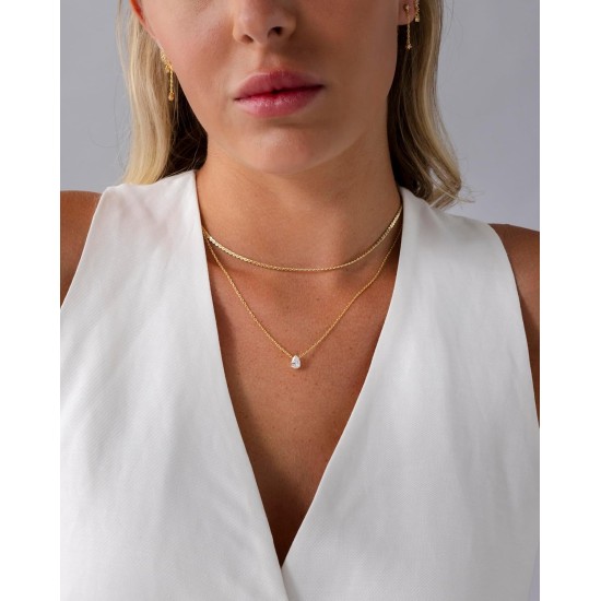 PAVOI 14K vergoldete, gedrehte Singapur-Kette, Layering-Choker mit rundem Solitär und Serpentinenkette, Layering-Choker mit Steinanhänger im Birnenschliff, Halsketten-Set für Damen |