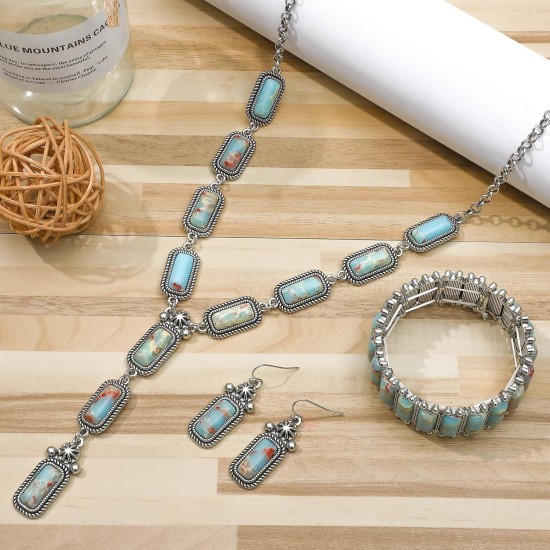 NEWITIN 4-teiliges silbernes Bohemian-Schmuckset für Damen, Modeschmuck, türkisfarbene Halskette, Armband, Ohrringe, Western-Türkis-Schmuckset für Damen