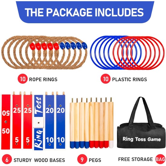 EVERICH TOY Spielzeug für drinnen und draußen, verbessertes großes Ringwurfspiel aus Holz, Hofspiele für Kinder, Rasenspiele im Freien für die Familie mit 10 Kunststoffringen und 10 Seilen, 1 Tragetasche