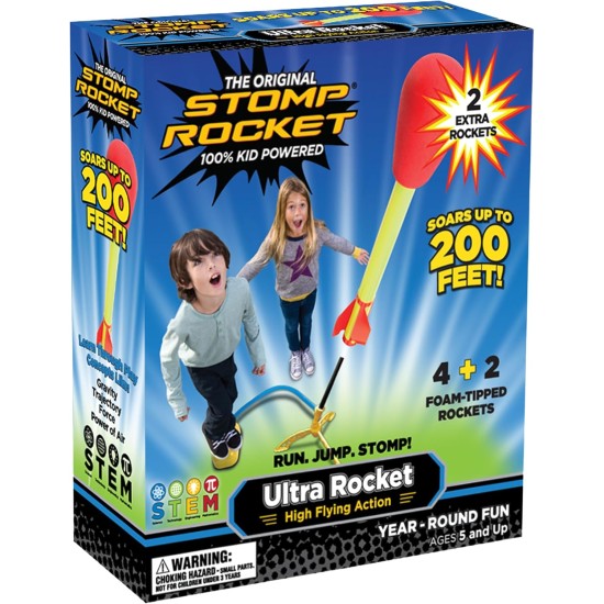 Stomp Rocket Ultra-Raketenwerfer für Kinder, 6 Raketen – lustiges Garten- und Outdoor-Kinderspielzeug, Geschenke für Jungen und Mädchen – hochfliegendes Spielzeug-Schaumstoff-Blaster-Set – verstellbarer Startständer für mehrere Spieler