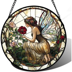 Stained Glass Window Hanging - Butterfly Flower Fairy Suncatcher for Door Terrace Garden Home Decor Yellow Green Plants Sun Catcher Birthday Gifts for Lovers Women Men Dad Mom Nana 7.8 in
