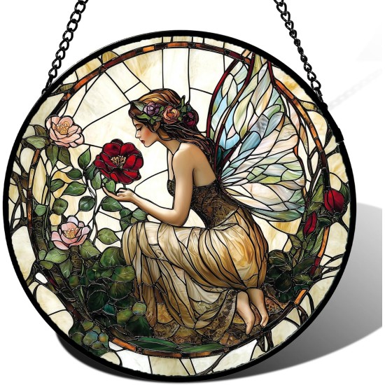Stained Glass Window Hanging - Butterfly Flower Fairy Suncatcher for Door Terrace Garden Home Decor Yellow Green Plants Sun Catcher Birthday Gifts for Lovers Women Men Dad Mom Nana 7.8 in