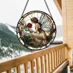 Stained Glass Window Hanging - Butterfly Flower Fairy Suncatcher for Door Terrace Garden Home Decor Yellow Green Plants Sun Catcher Birthday Gifts for Lovers Women Men Dad Mom Nana 7.8 in